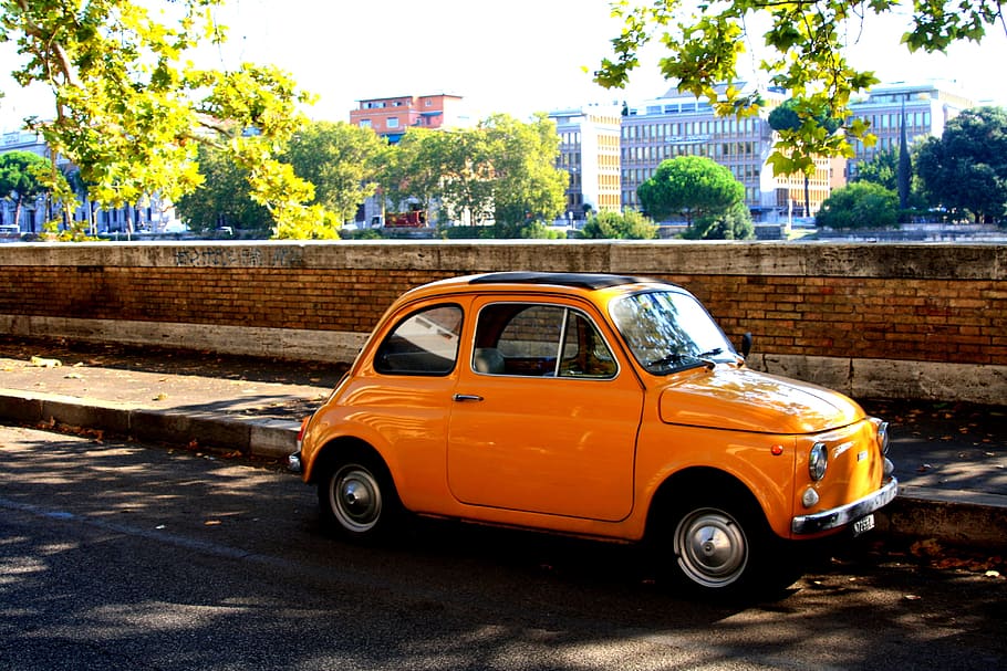 orange, volkswagen beetle car, parked, wall, fiat500, oldtimer, vehicles, nostalgia, classic, cinquecento
