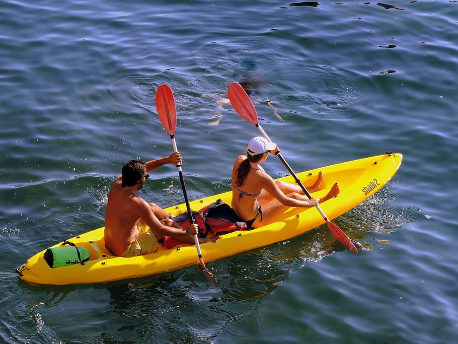 man, woman sailing, kayak, canoeing, couple, row, water, remi, boat, sea