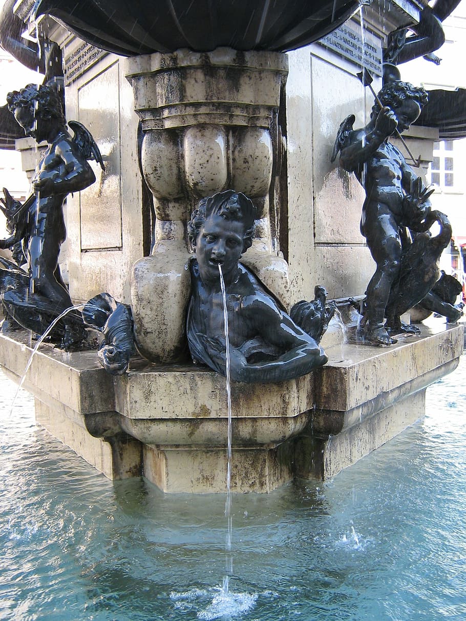 fountain, water, water games, flow, fountain city, well water, sculpture, figure, thirst, fresh