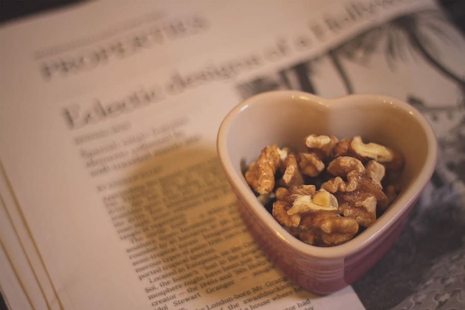 red, white, heart-shaped bowl, brown, nuts, white heart, heart-shaped, bowl, food, book