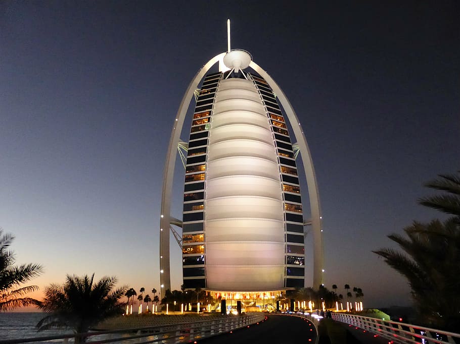 burj al arab, dubai, hotel, emirates, luxury, glamor, architecture, modern, night, tower