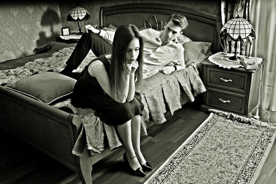 grayscale photo, woman, sitting, bed, man, lying, Quarrel, Para, offended, the bride and groom