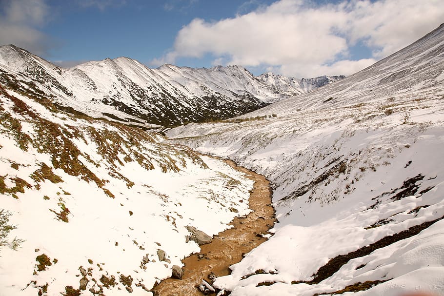 mountains, height, creek, the first snow, rocks, bad weather, snow, slopes, nature, mountain landscape