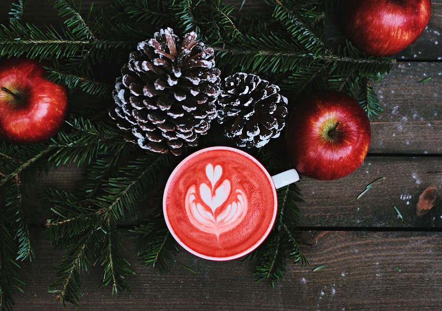 café, latte, arte, espuma, rojo, manzana, navidad, feriado, comida y bebida, fruta