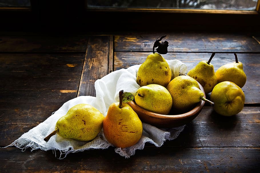 photography, pear fruits, bowl, pears, table, wood, window, light, still life, autumn