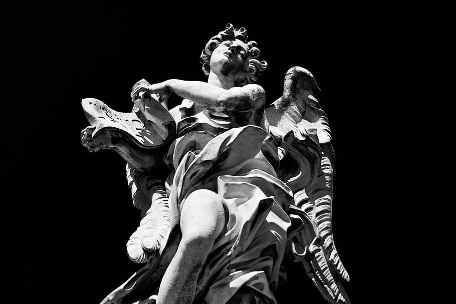 monocromático, tiro, estátua, Roma, Itália, Alto contraste, Rio Tibre, urbano, preto e branco, pessoas