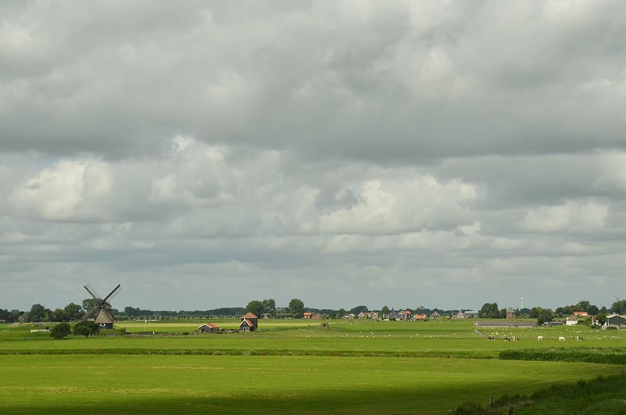 moinho, moinho de vento, zona rural, pasto, agrícolas, sol, sombra, nuvem, ameaça, escuro