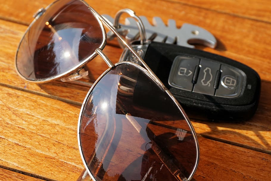 brown, aviator sunglasses, key, fob, table, sunglasses, glasses, sun, sun protection, summer
