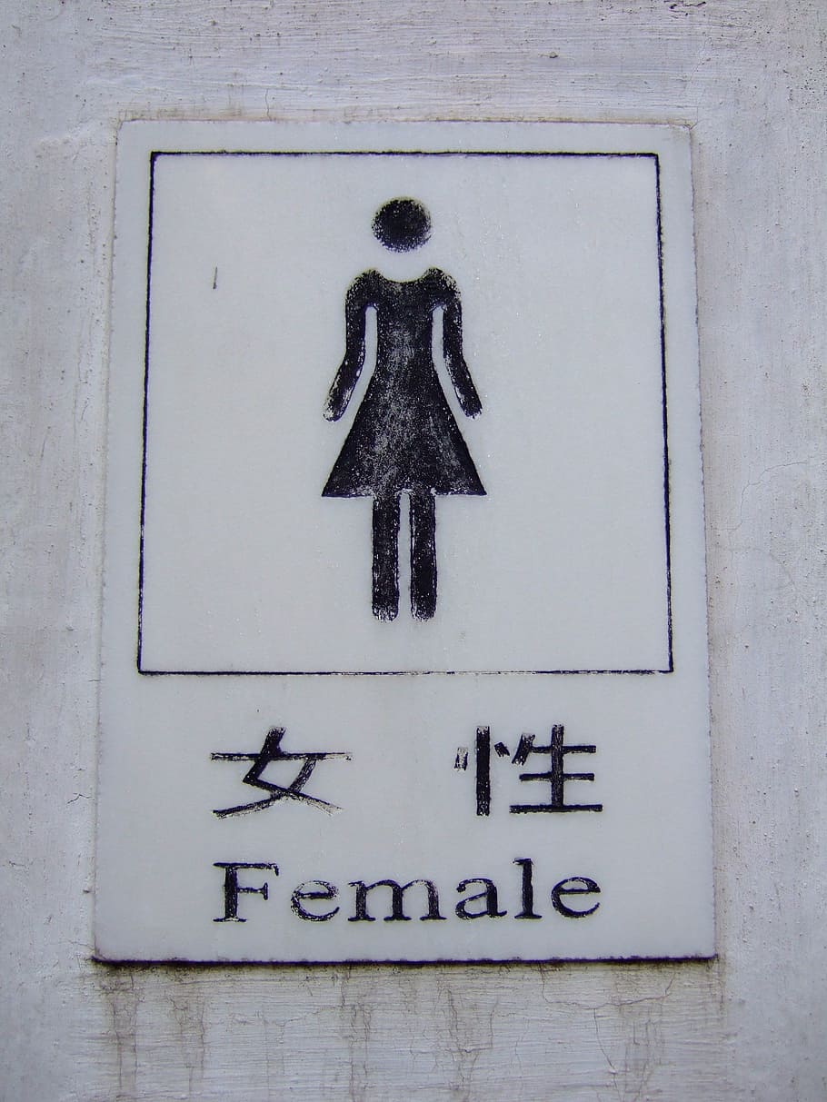 female, toilet, sign, woman, bathroom, chinese, communication, text, human representation, western script