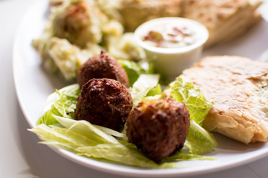 close-up photography, cooked, meat, vegetable, Hummus, Falafel, Authentic, Greek, authentic greek, greek food