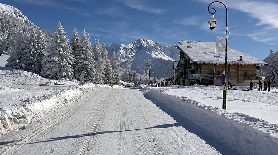 mountain scenery, winters, fir, road, ski station, colors of winters, snow, skiers, cold temperature, winter