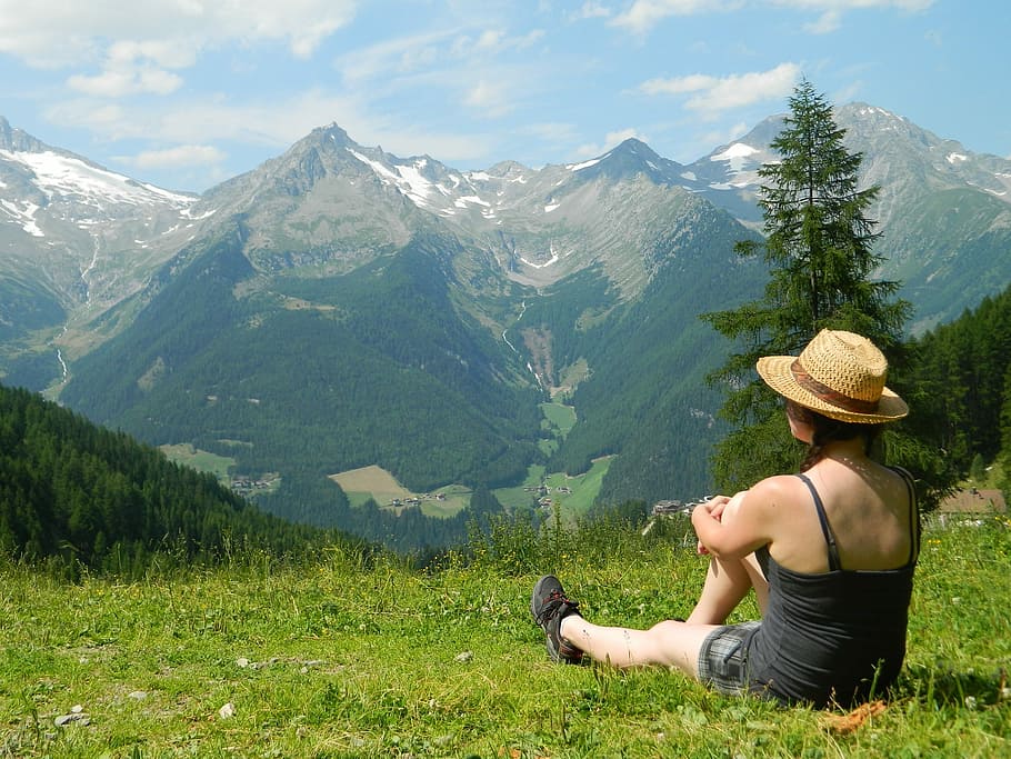 Tourism, Breather, Mountains, Hat, Girl, views, nature, hike, alps, tyrol