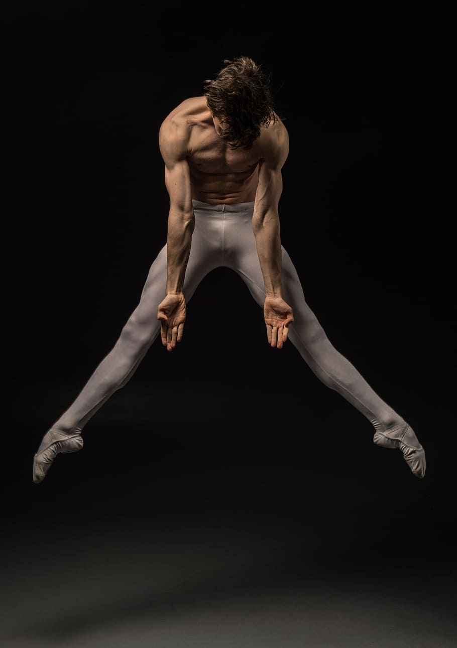 man performing ballet, people, man, dancing, dancer, black and white, art, performance, black background, studio shot