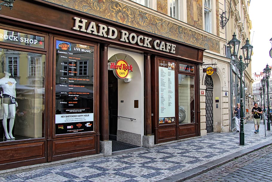 hard-rock-cafe, cafe, prague, czech republic, architecture, building exterior, built structure, city, communication, street
