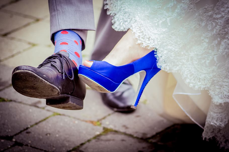 person, wearing, black, dress shoe, blue, peep-toe heeled sandal, wedding shoes, wedding, groom, bride