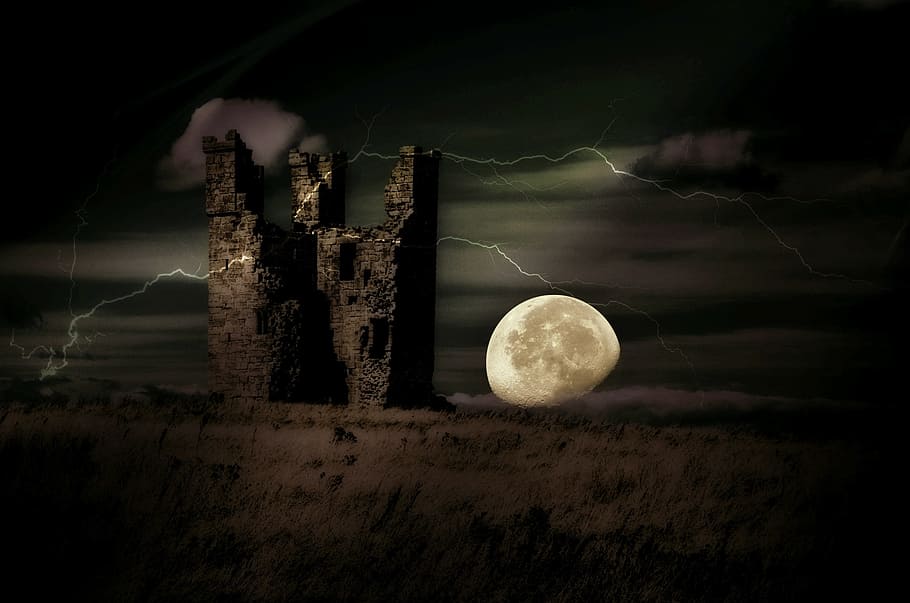 foto de la luna gris, castillo, burgruine, albañilería, ruina, fortaleza, sustancia, edificio, castillo viejo, noche