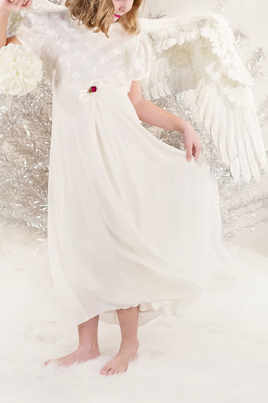 girl, wearing, white, dress, wings, standing, rug, girl angel, christmas, xmas