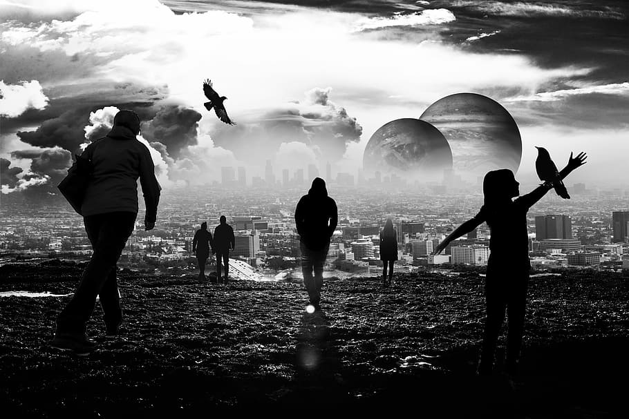 group, people, standing, city, planet, earth, black white, heaven, continent, earth's atmosphere