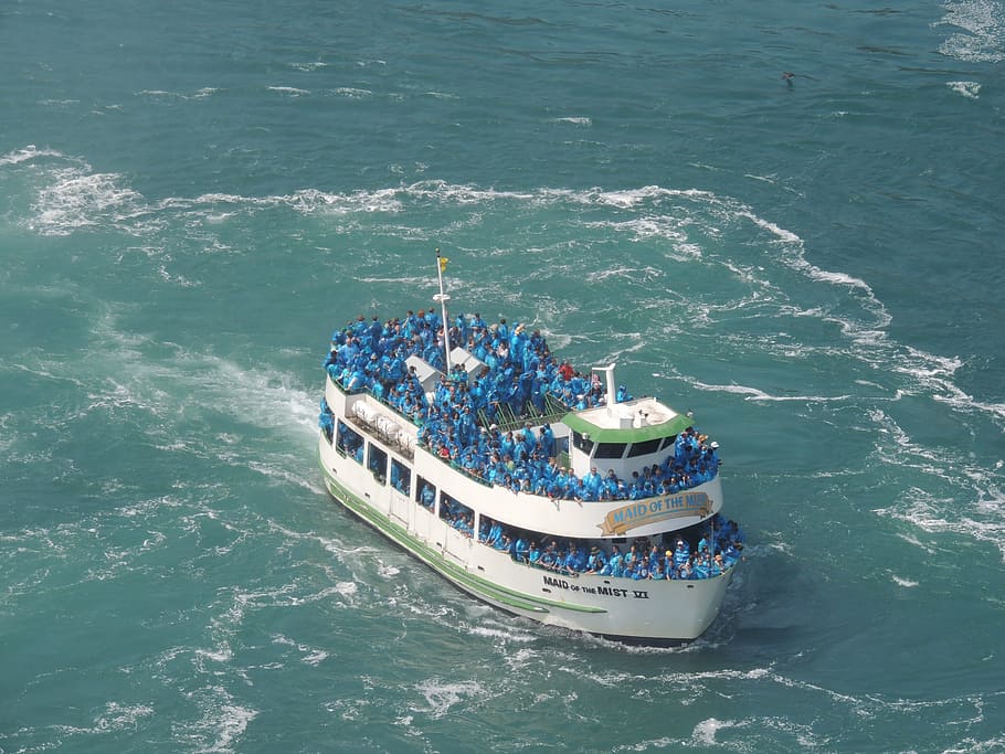 maid of the mist, niagara falls, water fall, sea, water, nautical vessel, mode of transportation, transportation, high angle view, day