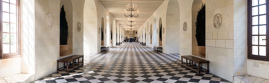 white, black, diamond print hallway, château de chenonceau, gallery, architecture, elegant, historical, french, landmark