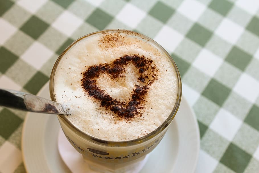 cappuccino, heart cinnamon, designed, tabletop, coffee, batten, glass, drink, benefit from, foam