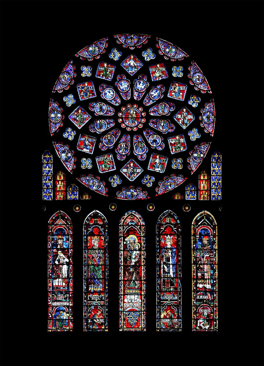 multicolored glass frame, chartres, catholic, rosette, cathedral, notre dame de chartres, lancet window, glass window, window painting, notre dame