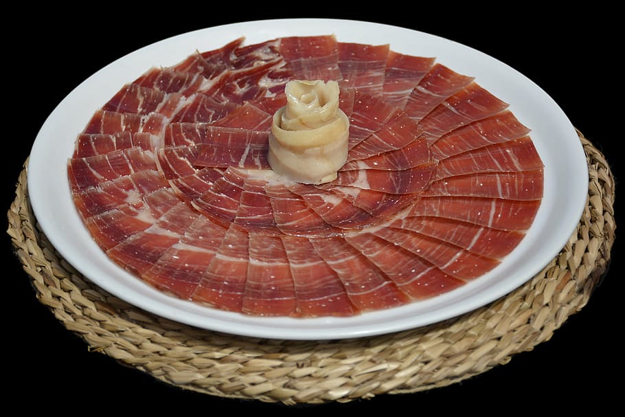 sashimi, white, ceramic, plate, serrano ham, food, tapas, appetizer, incoming, pork