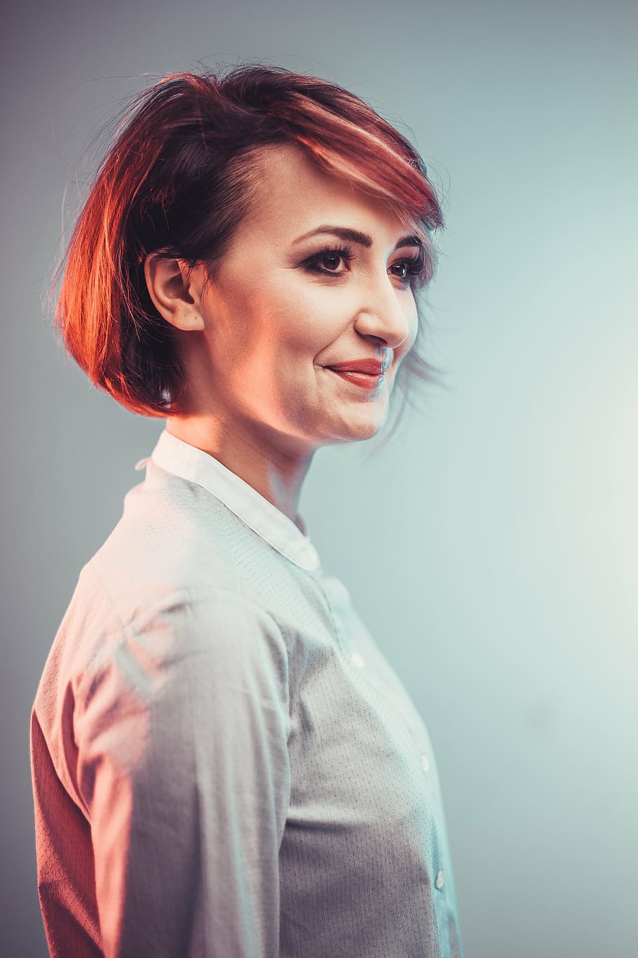 short, brown, haired woman, wearing, white, collared, top, girl, beauty, studio