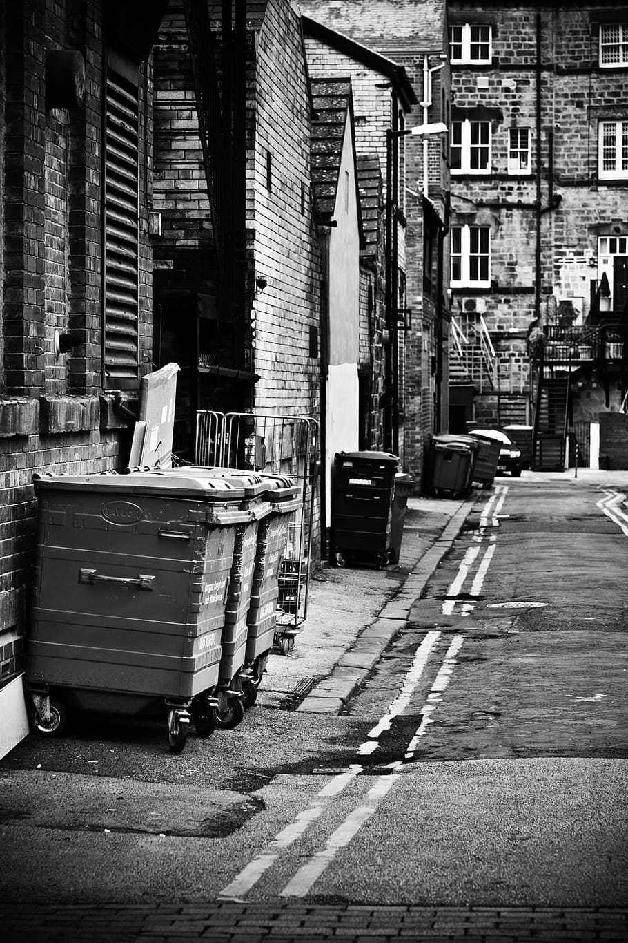 foto en escala de grises, cubo de basura, detrás, edificios, callejón, ciudad, crimen, callejón trasero, contenedor, peligroso