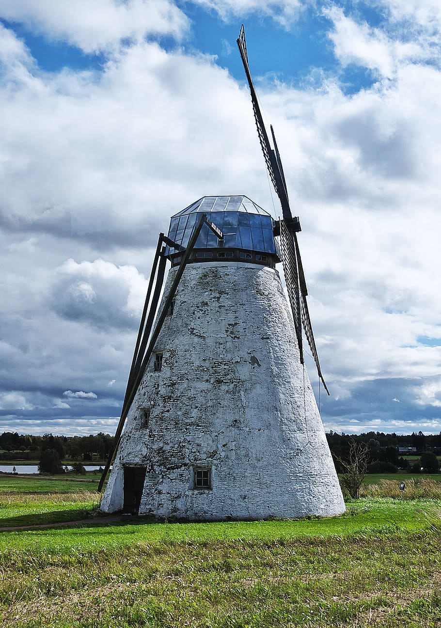 windmill, tower windmill, power machine, wing, estonia, baltic states, sky, cloud - sky, field, grass