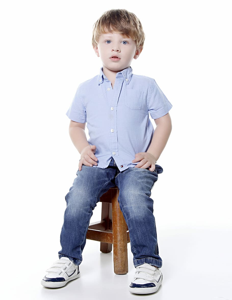boy, sitting, brown, wooden, stool, looking, child, cute, small, young