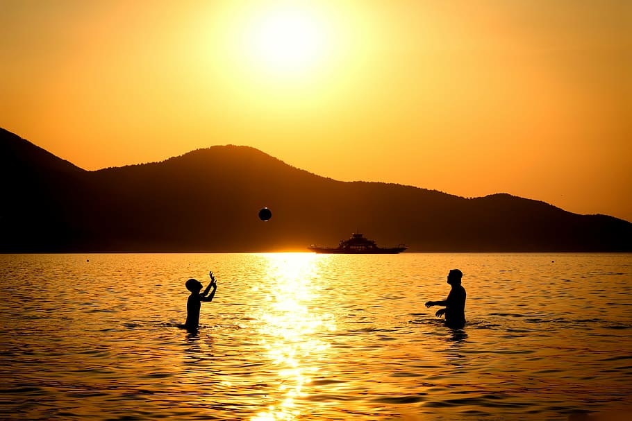 silhouette, two, people, playing, ball, water, sunset, kids, boy, man