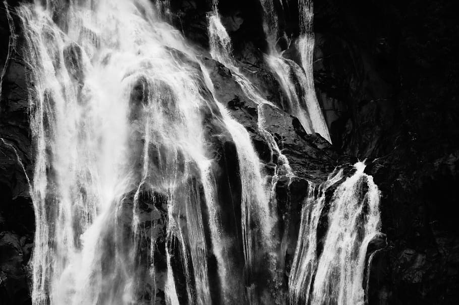 grayscale photography, waterfalls, milford sound, new zealand, lord who rings, hobbit, waterfall, water, nature, motion