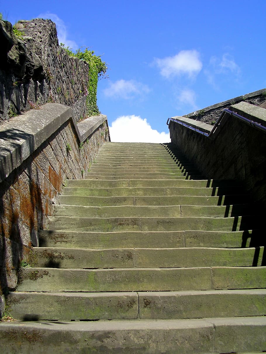 gradualmente, céu, escadas, atualização, subir, para cima, degrau da escada, escada de pedra, escadaria, etapas