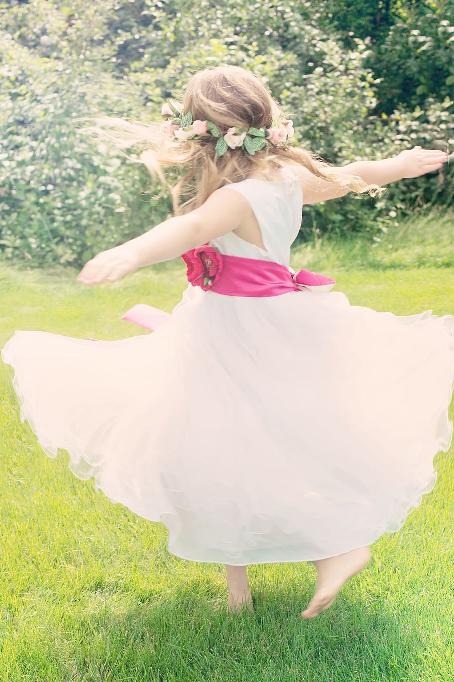 woman, white, dress, dancing girl, twirling, dance, twirl, happiness, joy, plant