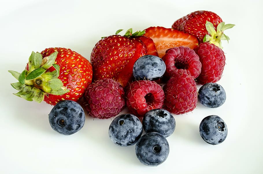 grasp, berries, blueberries, strawberries, top, white, surface, berry, fruit, red