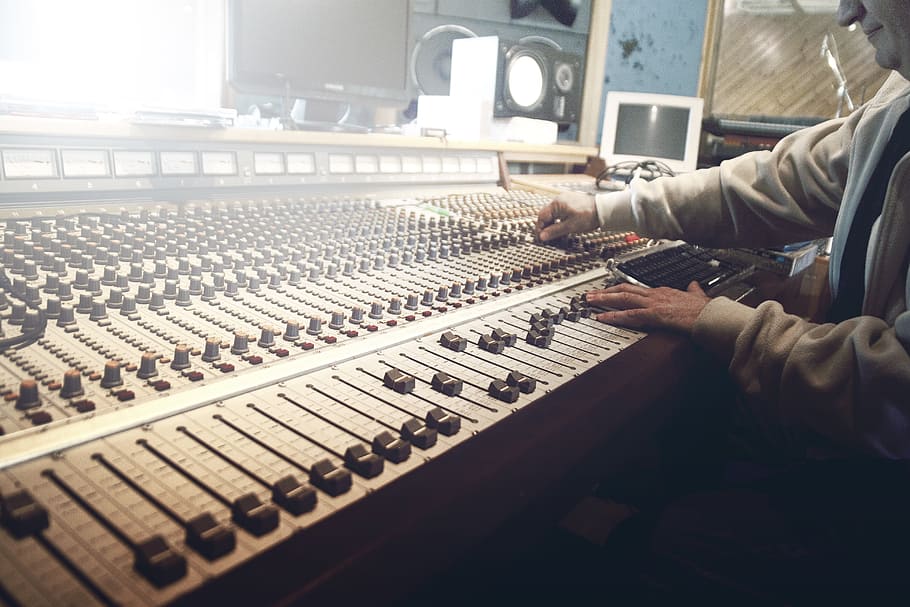 person, holding, gray, equalizer, sound studio, recording, faders, mixer, music, sound