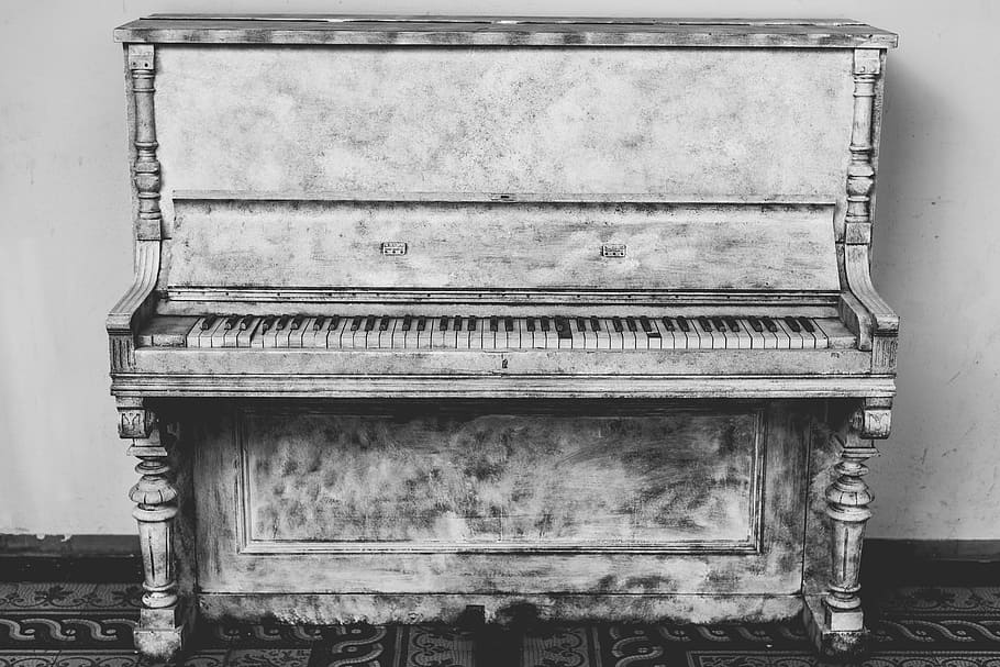 gray upright piano, piano, instrument, music, keys, notes, old, vintage, wood, technology