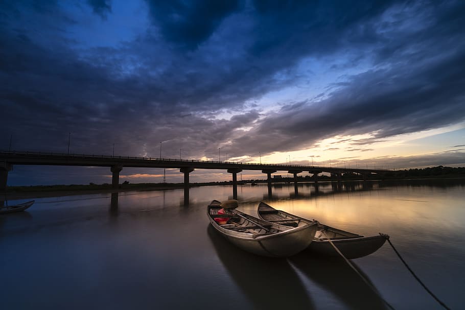 Dos, gris, canoas, puente, solitario, sentimiento, espera, tranquilidad, alma, fondo