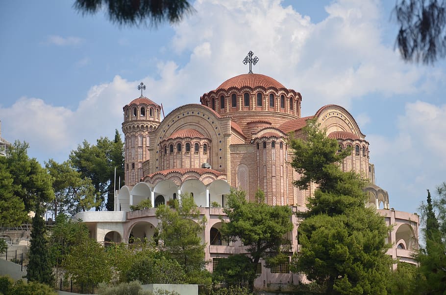 Gereja, Ortodoks, Agama, Thessaloniki, eropa, suci, arsitektur, sejarah, kubah, pohon