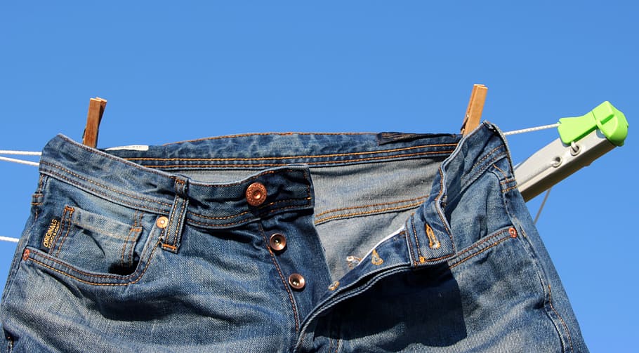blue, denim bottoms, hanged, clothes line, jeans, pants, dry, outdoor, clothes peg, washed