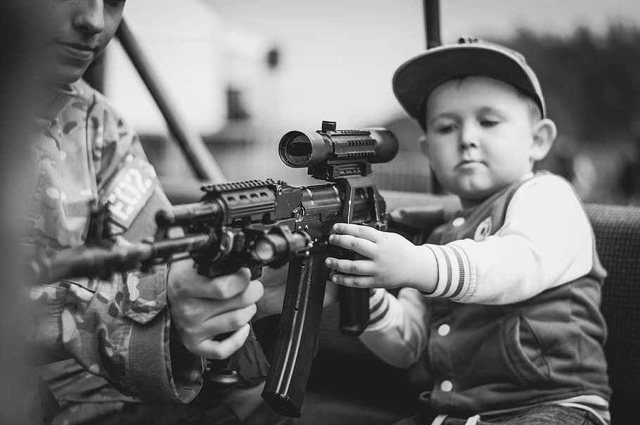 menino, criança, retrato, militar, arma, rifle, disparar, telescópio, pessoas, meninos
