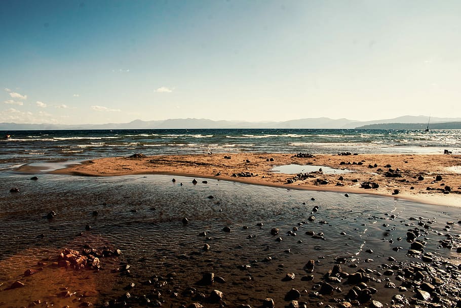 fotografía de paisaje, orilla del mar, piedras, playa, arena, naturaleza, mar, paisaje, cielo, agua