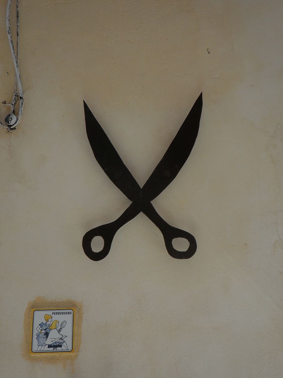 black, scissors wall decor, hairdresser, symbol, scissors, note, wrought iron, barber beauty shop, hauswand, characters