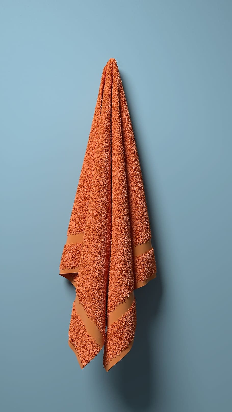 toalla, baño, limpio, nuevo, naranja, sencillo, tiro del estudio, en interiores, fondo de color, naturaleza muerta