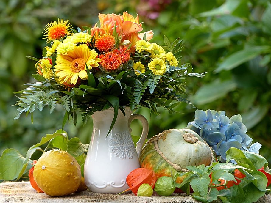 tilt-shift lens photography, flowers, vegetables, still life, bouquet, colorful, autumn, pumpkin, gourd, pretty