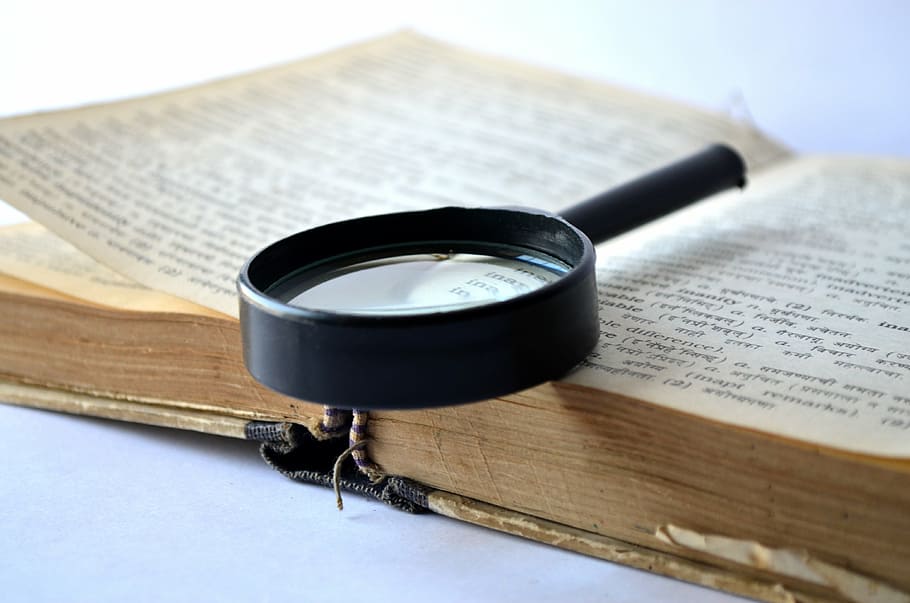black, magnifying, glass, book, magnifier, magnifying glass, loupe, dictionary, lookup, search