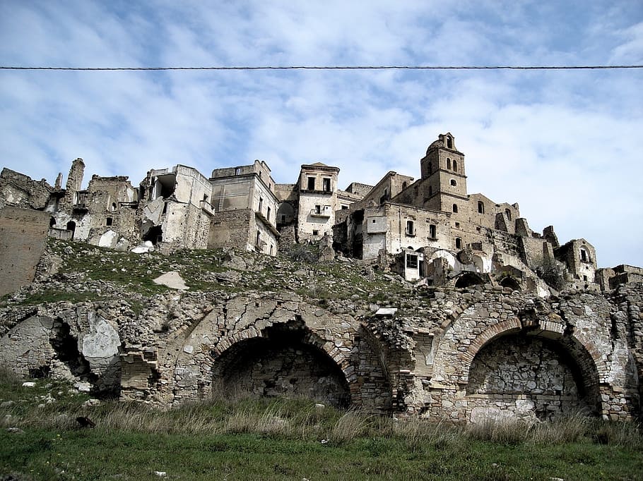 worm-eye, view, structure, cloudy, sky, craco, italy, homeless, lost, earthquake