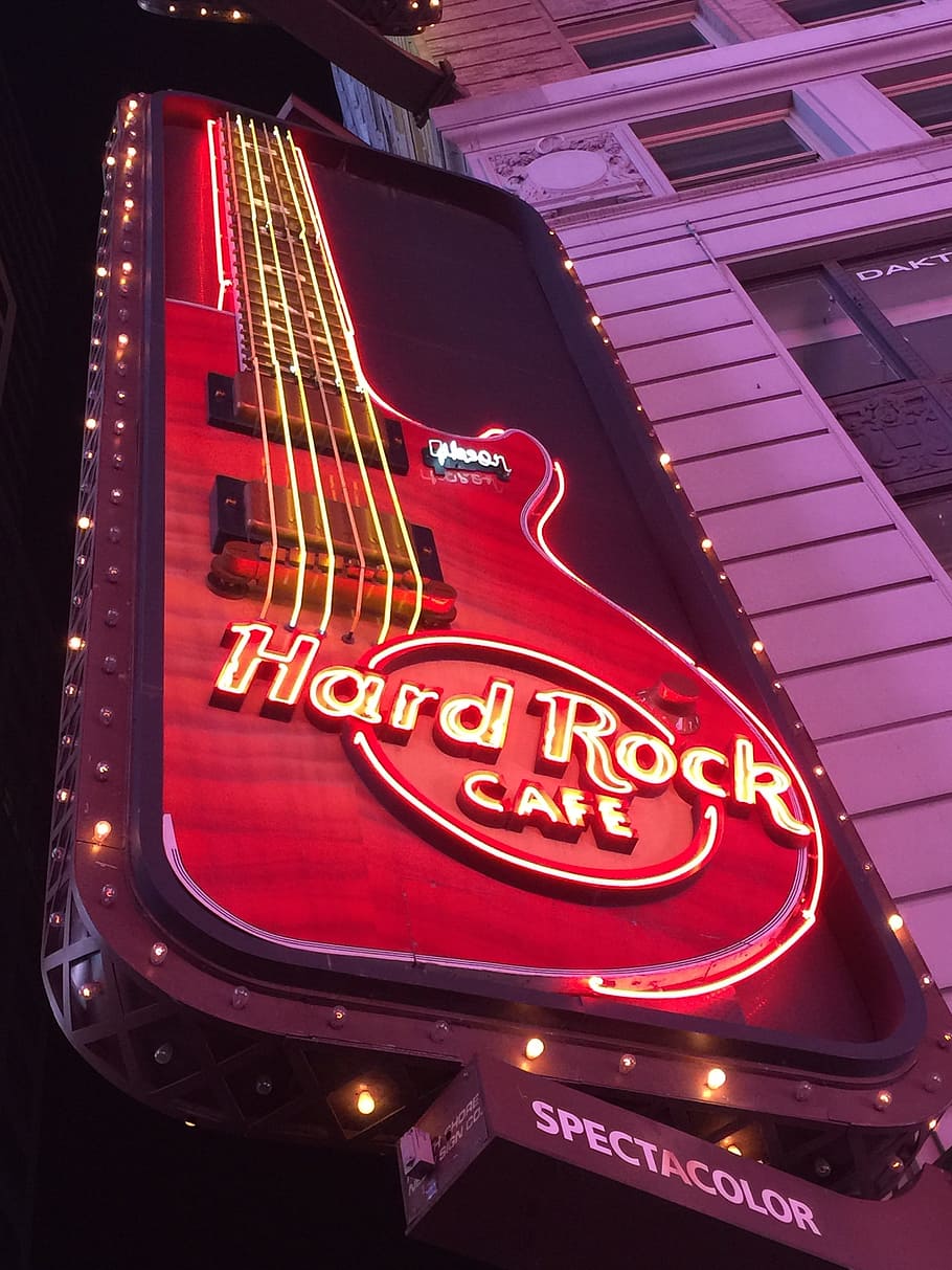 Restaurant, Nyc, Hard Rock Cafe, cafe, illuminated, neon, arts culture and entertainment, night, old-fashioned, music