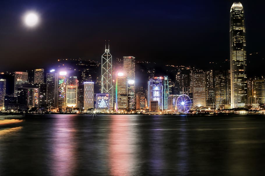 noite, cidade, paisagem noturna, paisagem urbana, exposição longa, arquitetura, construção, viagem, hong kong, lua